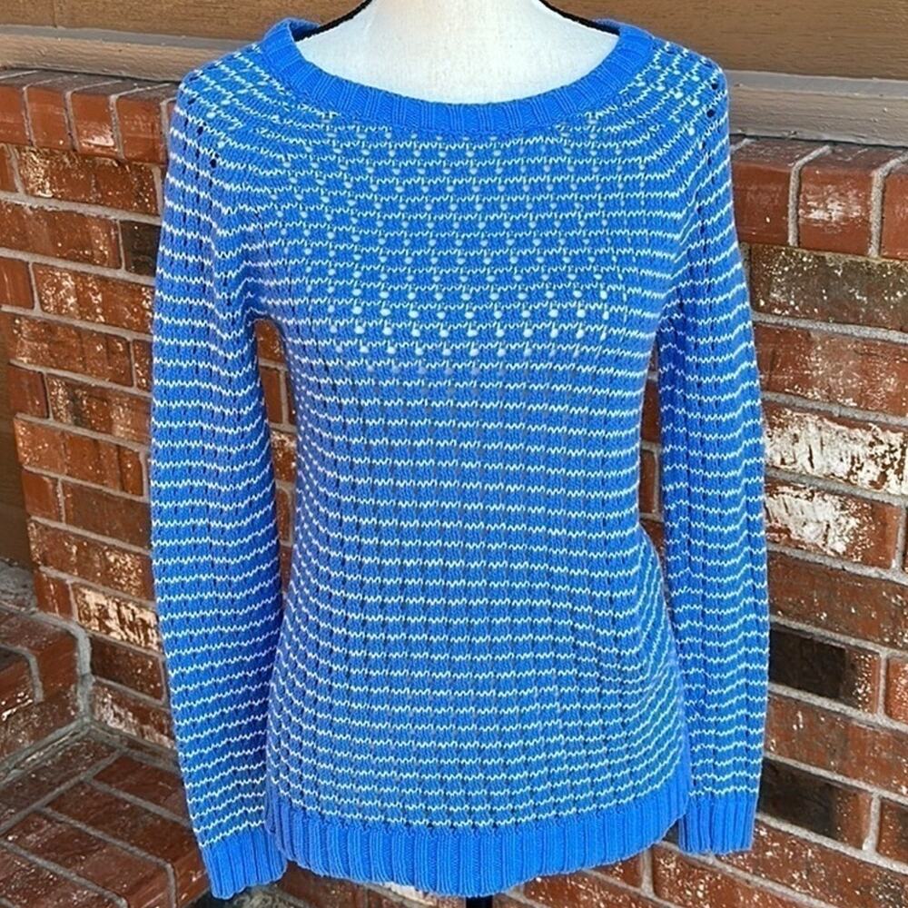 Olive & Oak Blue White Open Weave Knit Crewneck Sweater S Button Detail Back